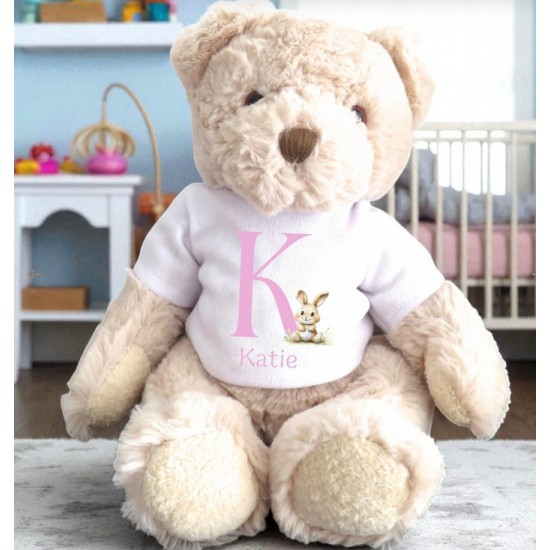 Personalised Luxury Teddy Bear with Pink Initial Bunny T-Shirt