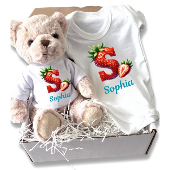 Personalised Strawberry Initial & Name Baby Gift Hamper - Teddy & Vest